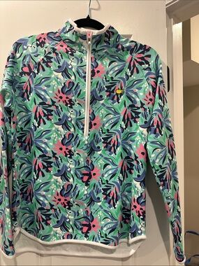 Floral Quarter-Zip Puffer Pullover in Mint Green